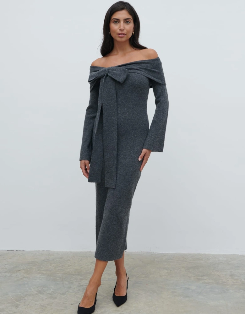 Tilda Bow Bardot Knit Midaxi Dress - Charcoal