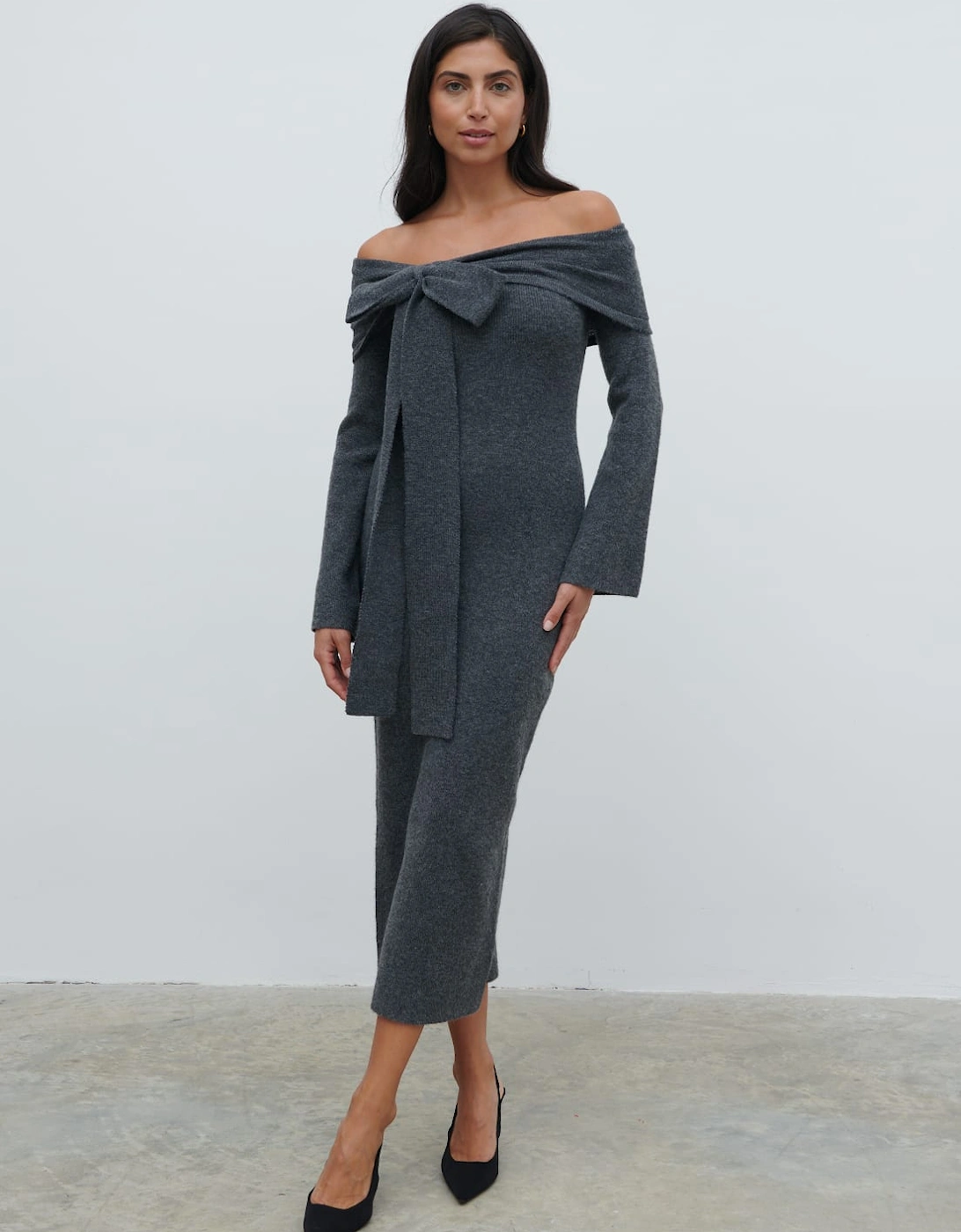 Tilda Bow Bardot Knit Midaxi Dress - Charcoal