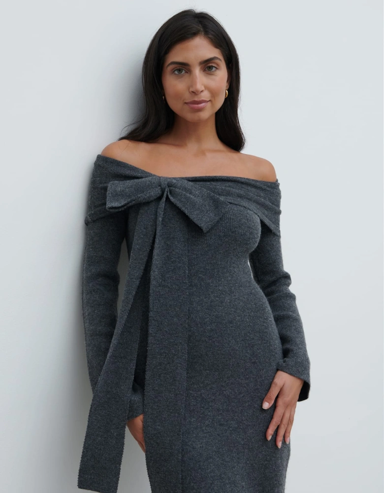 Tilda Bow Bardot Knit Midaxi Dress - Charcoal