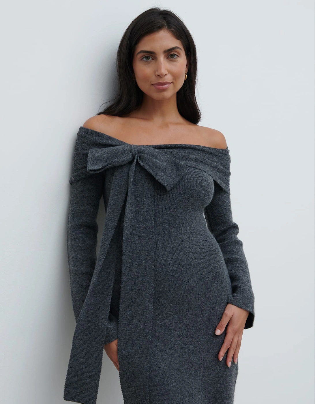 Tilda Bow Bardot Knit Midaxi Dress - Charcoal