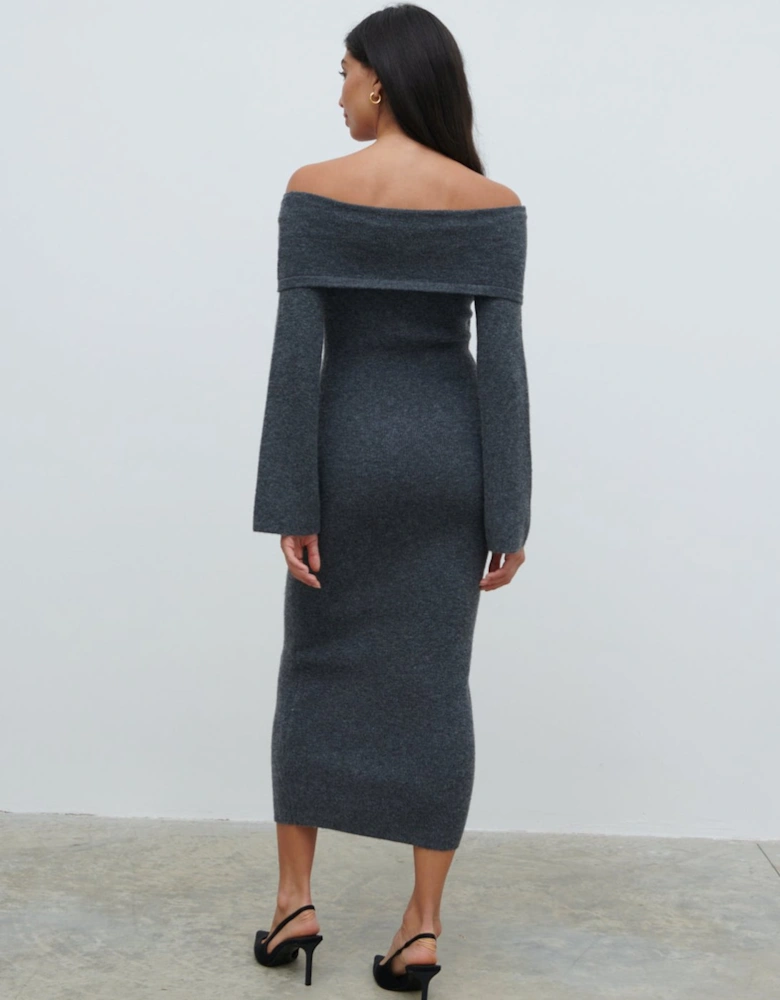 Tilda Bow Bardot Knit Midaxi Dress - Charcoal