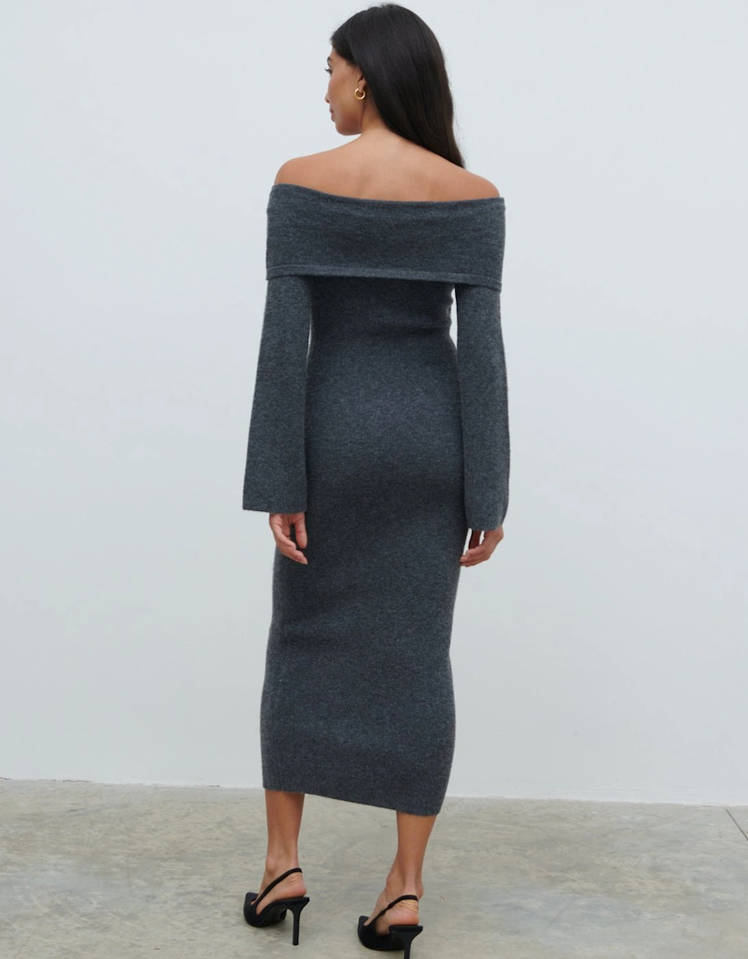 Tilda Bow Bardot Knit Midaxi Dress - Charcoal