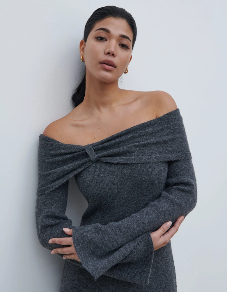 Tilda Bow Bardot Knit Midaxi Dress - Charcoal
