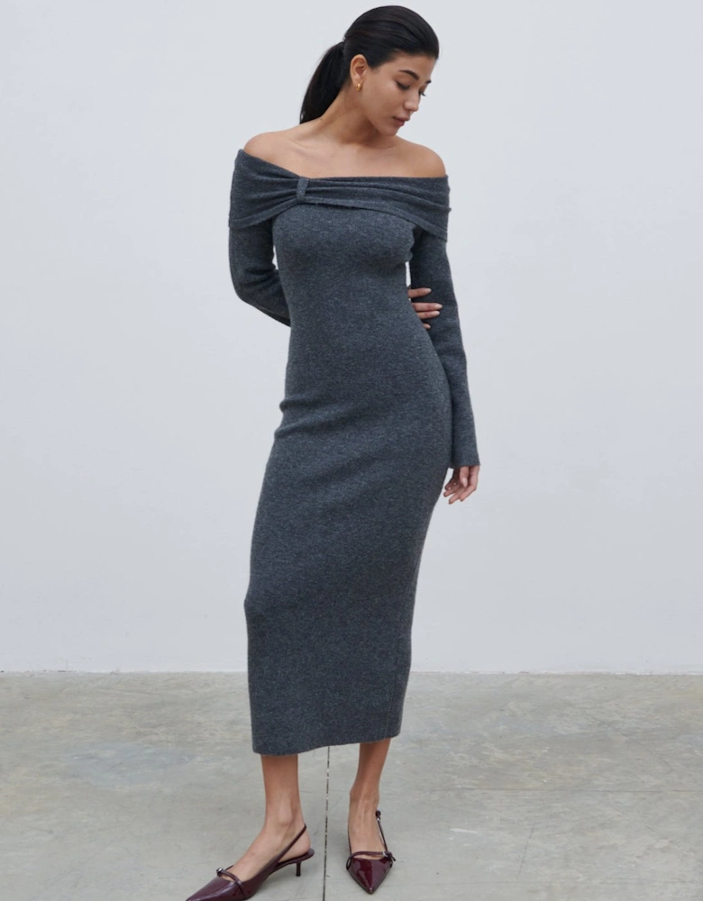 Tilda Bow Bardot Knit Midaxi Dress - Charcoal