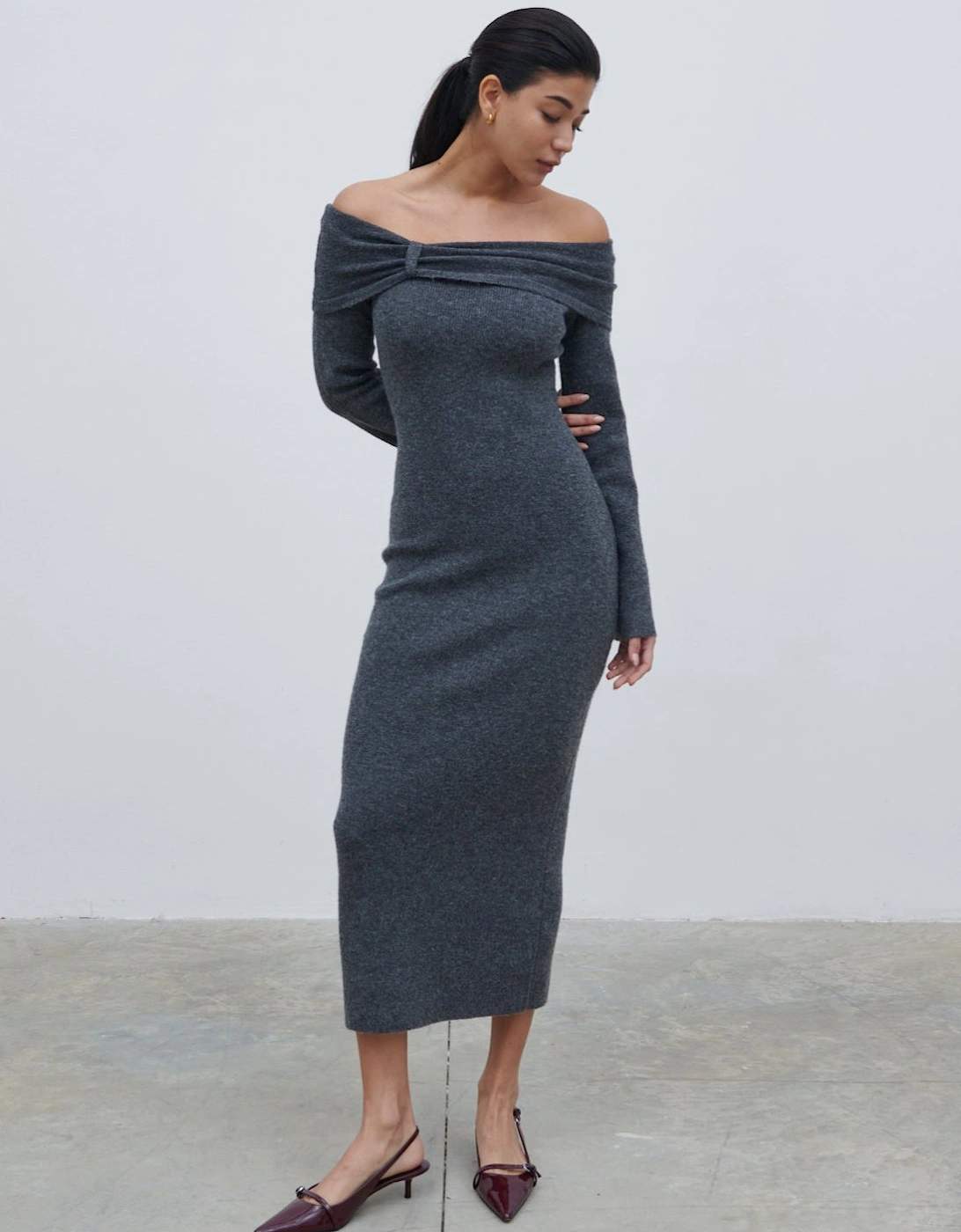Tilda Bow Bardot Knit Midaxi Dress - Charcoal