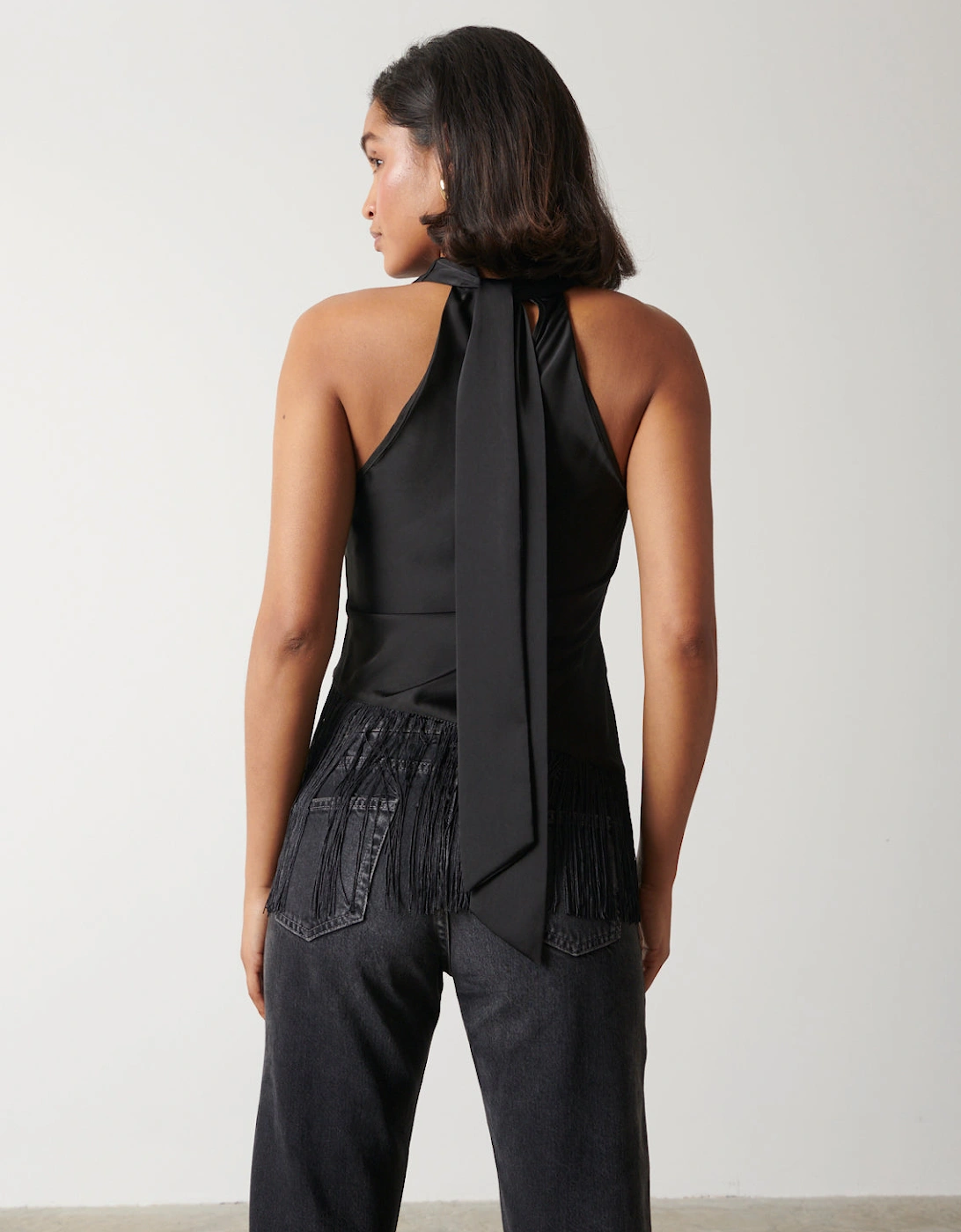 Callie Asymmetric Fringed Top - Black