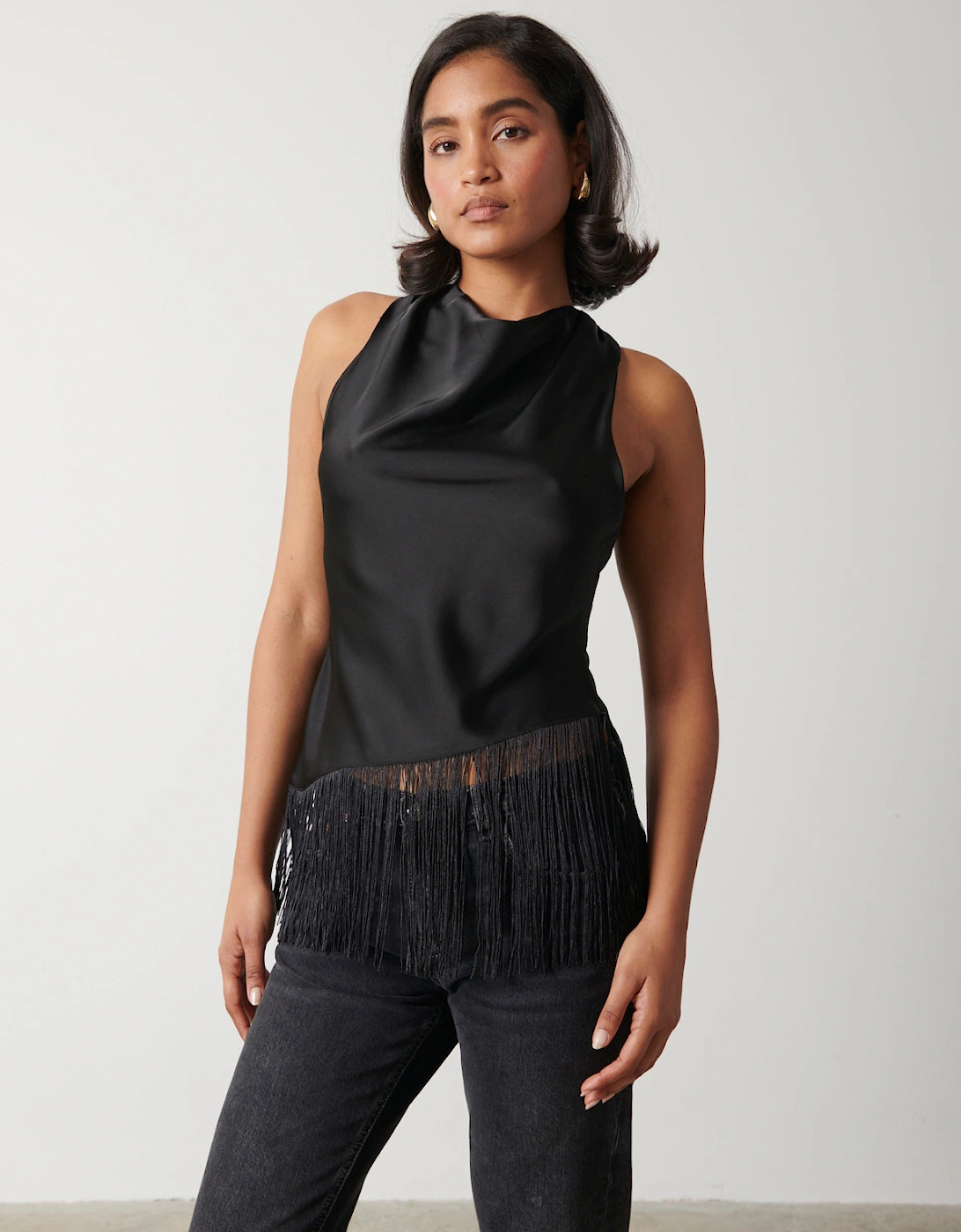 Callie Asymmetric Fringed Top - Black