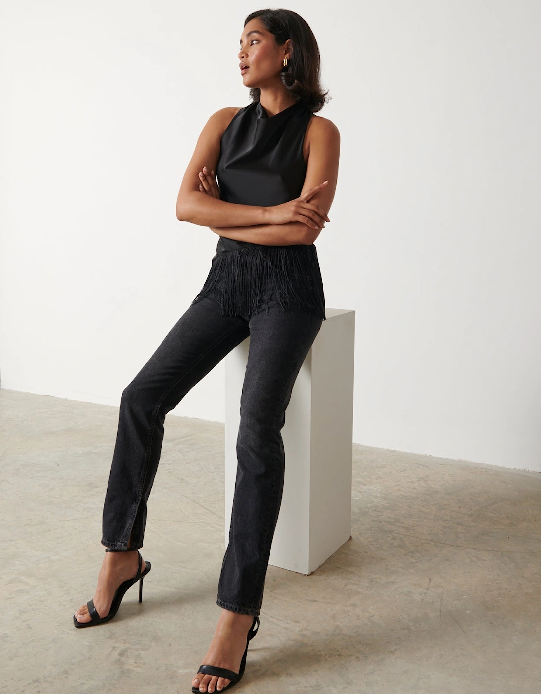 Callie Asymmetric Fringed Top - Black