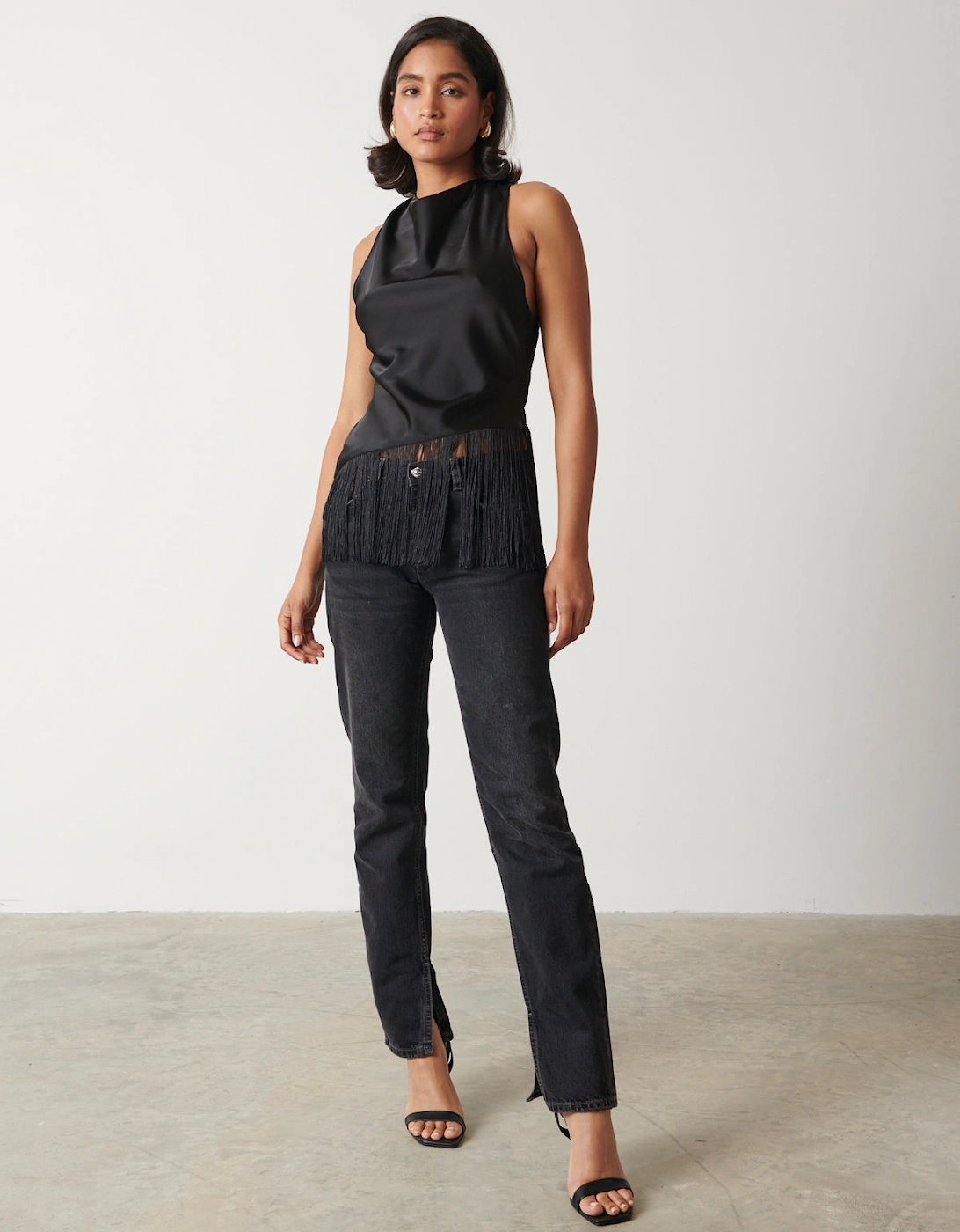 Callie Asymmetric Fringed Top - Black