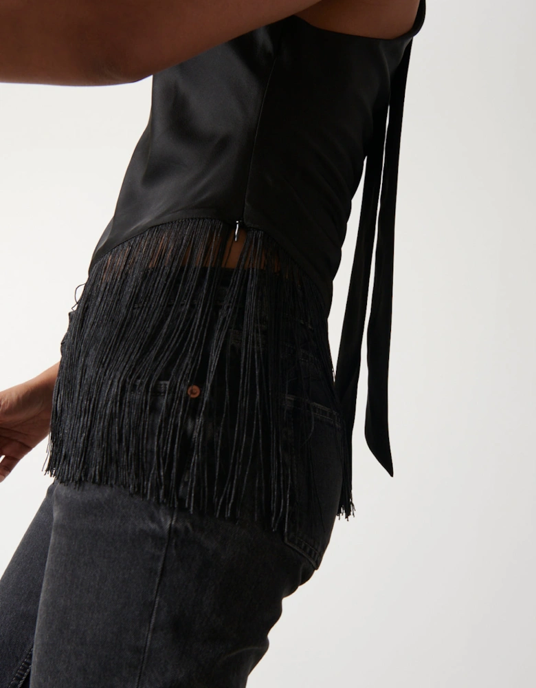 Callie Asymmetric Fringed Top - Black