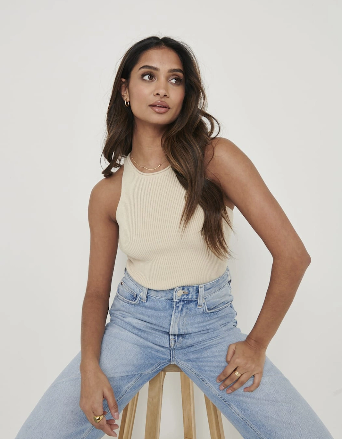 Billie Ribbed Racer Tee - Beige
