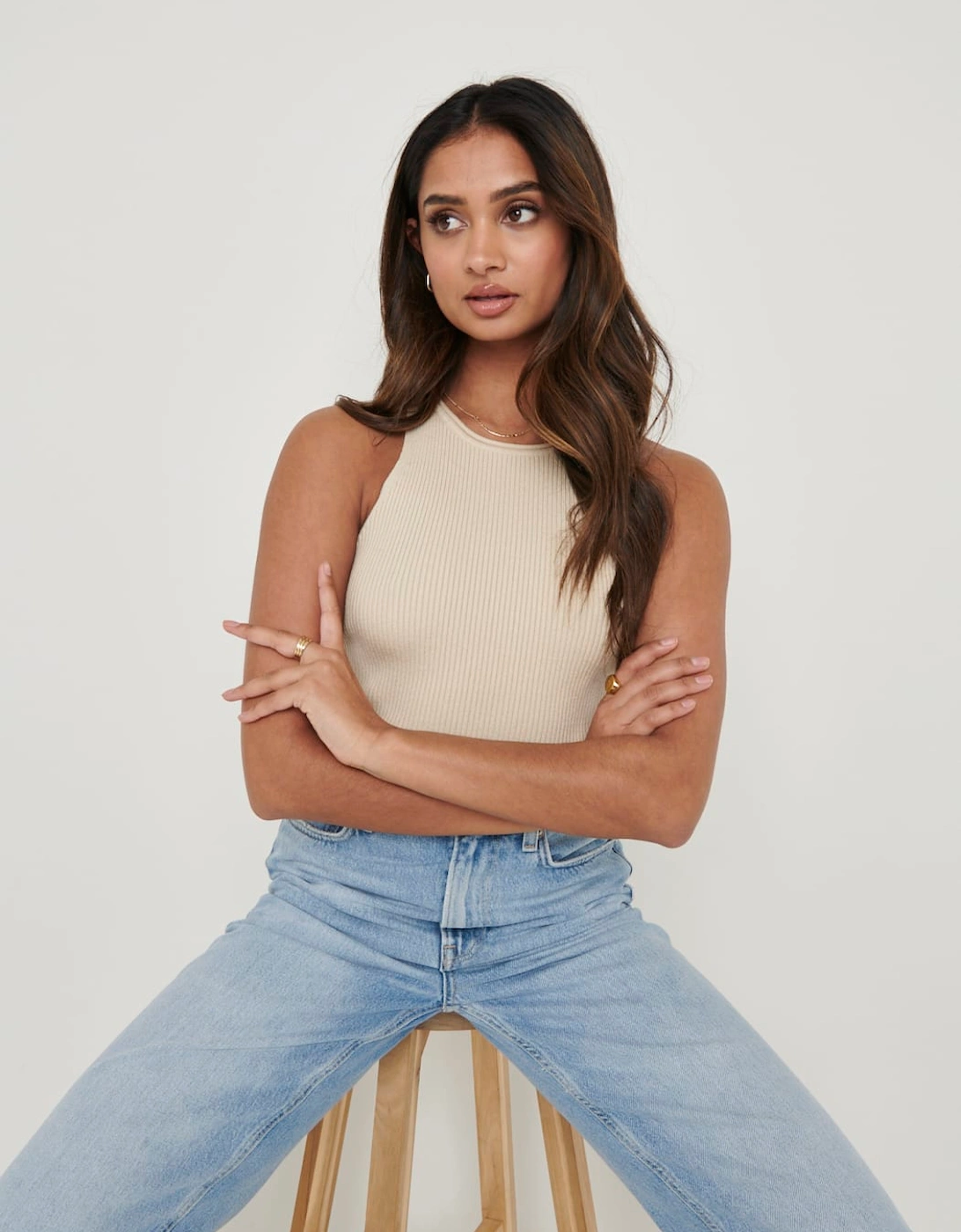 Billie Ribbed Racer Tee - Beige
