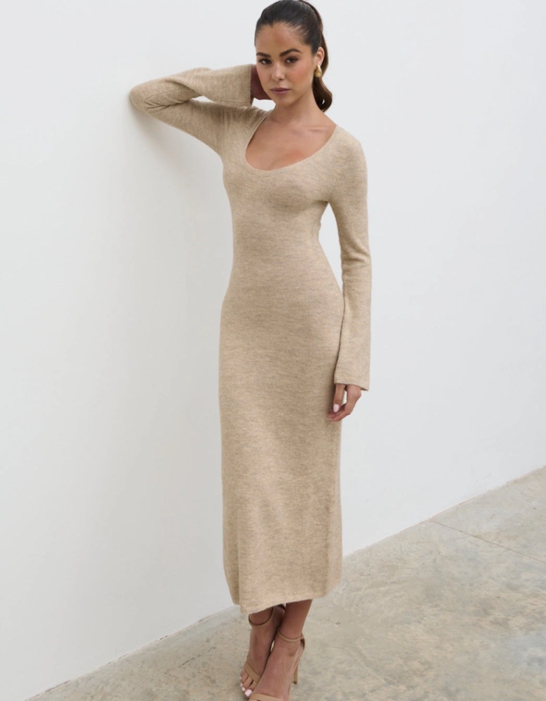 Clara Scoop Neck Knit Dress - Beige