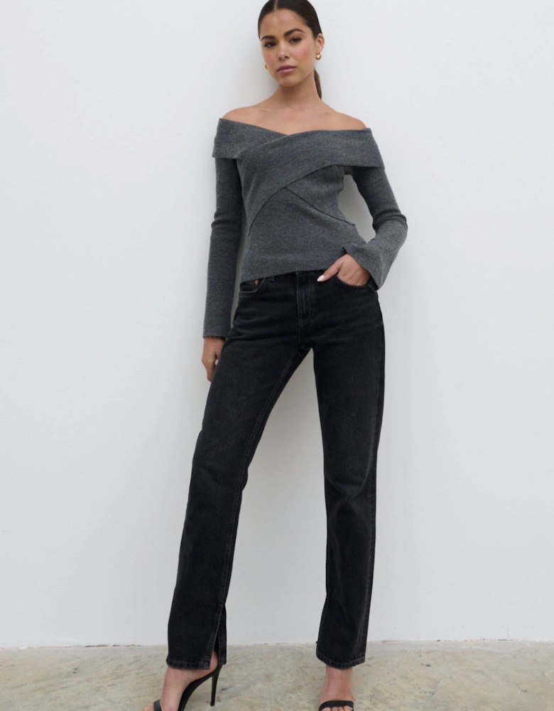 Daphne Cross Over Knit Top - Dark Grey