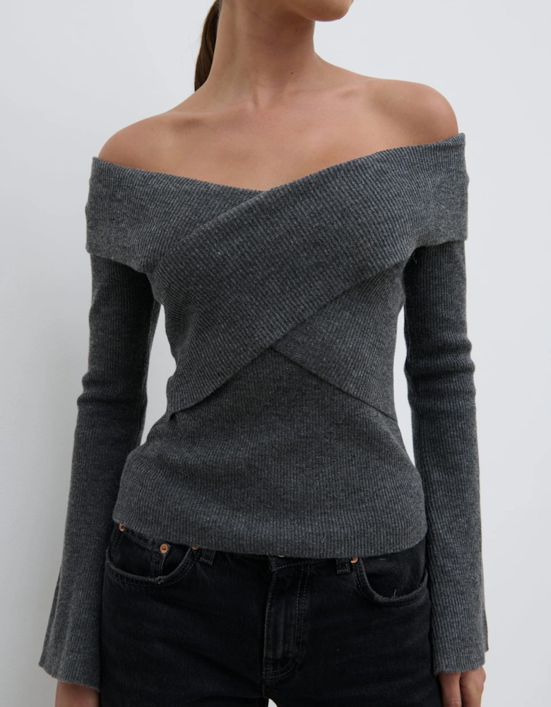 Daphne Cross Over Knit Top - Dark Grey