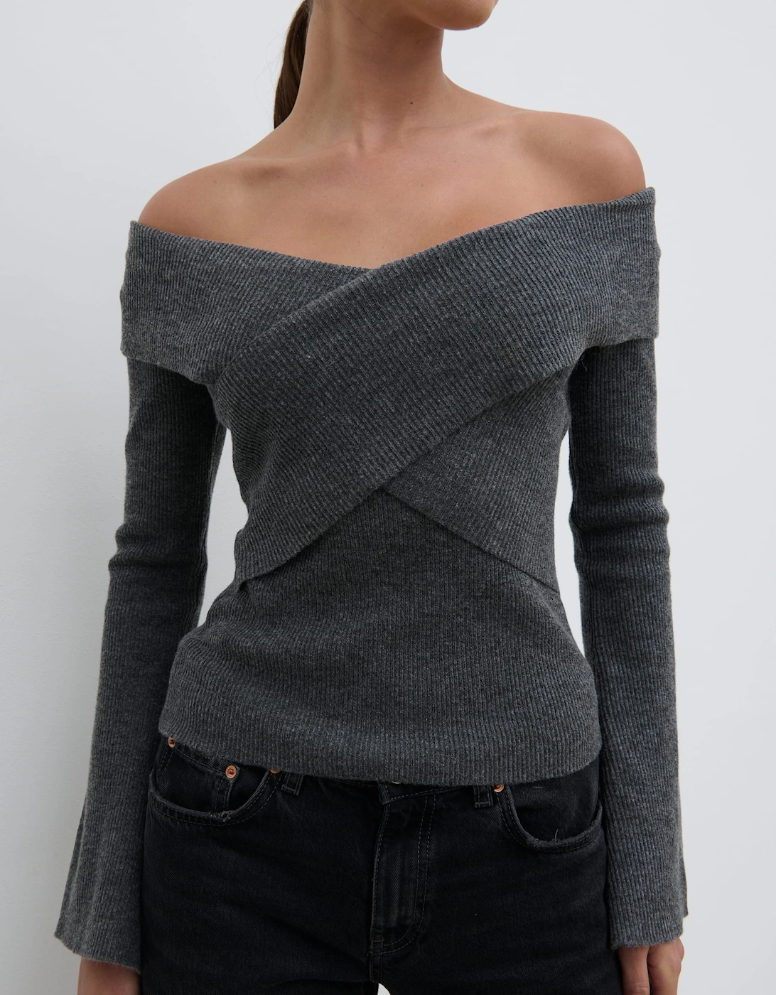 Daphne Cross Over Knit Top - Dark Grey