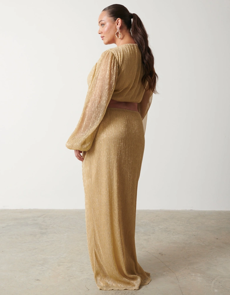 Zaya Plisse Metallic Maxi Dress Curve - Metallic Gold
