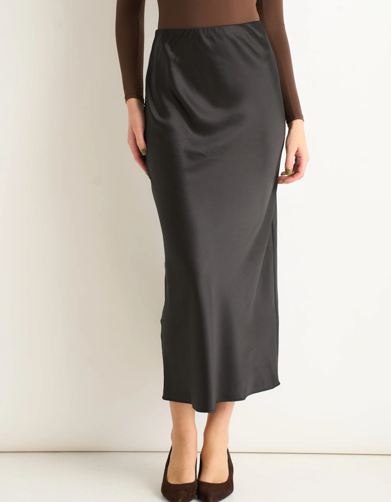 Black Satin Bias Cut Midi Skirt