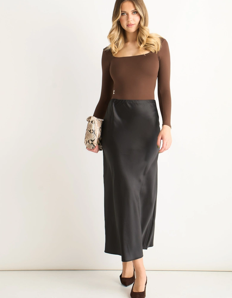 Black Satin Bias Cut Midi Skirt