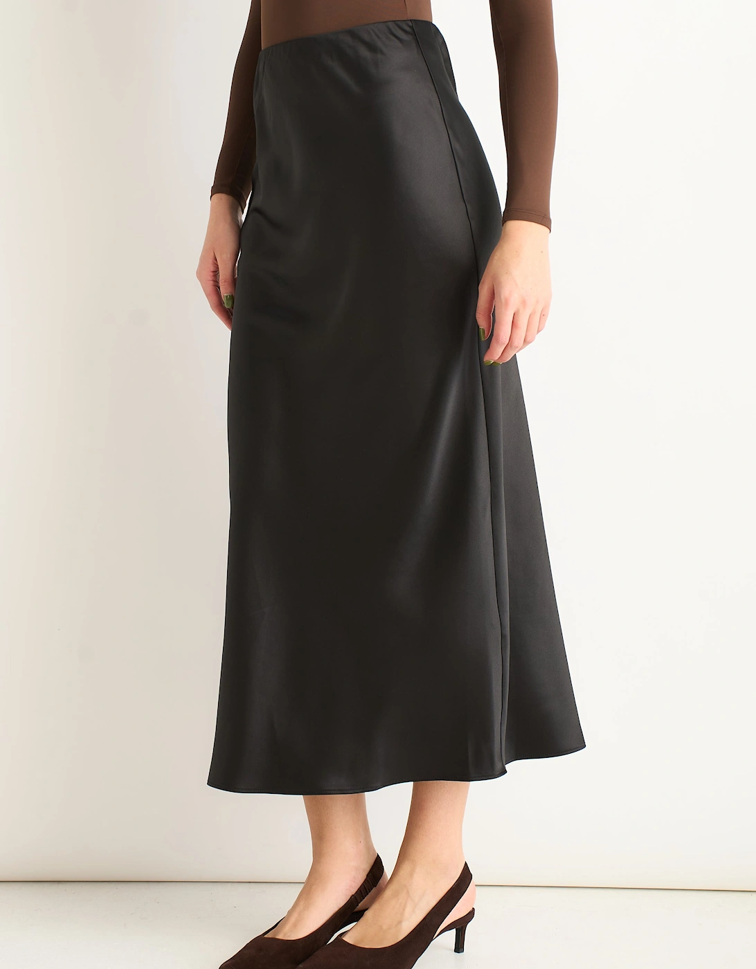 Black Satin Bias Cut Midi Skirt