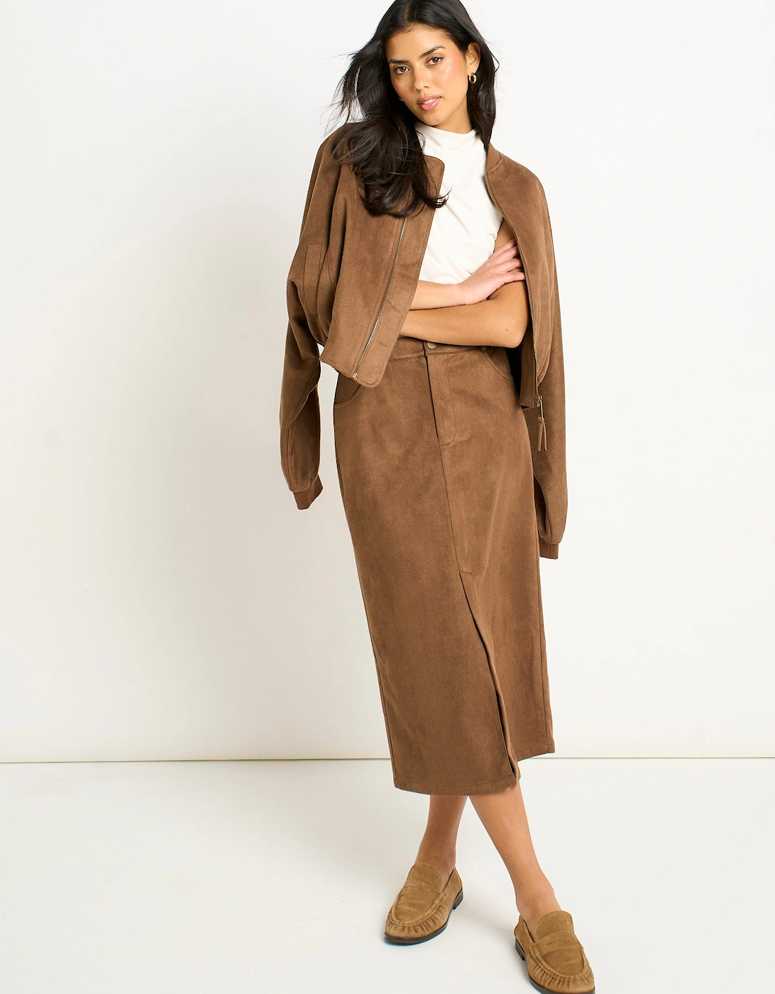 Brown Faux Suede Puff Ball Jacket