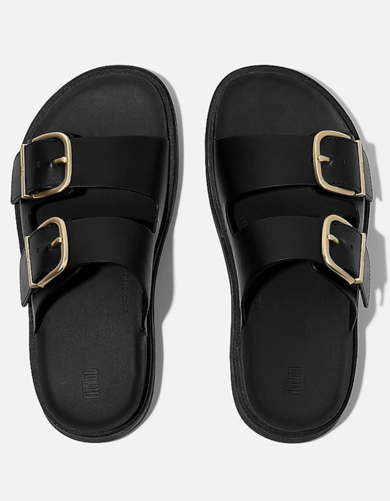 Womens GEN-FF Buckle Two-Bar Leather Slides - Black 001