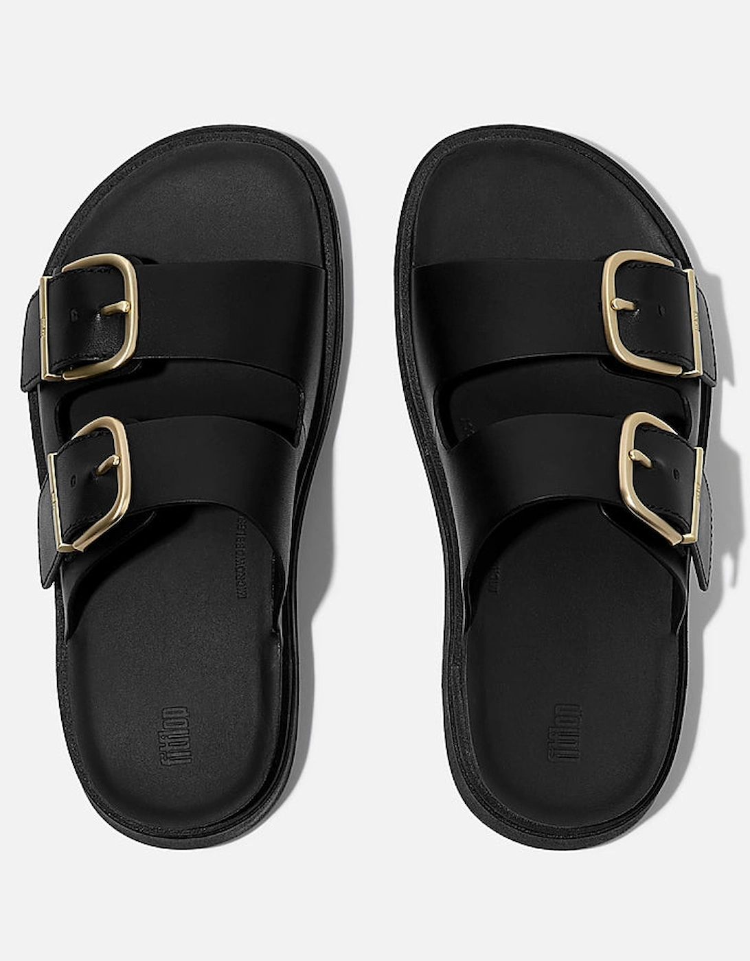 Womens GEN-FF Buckle Two-Bar Leather Slides - Black 001