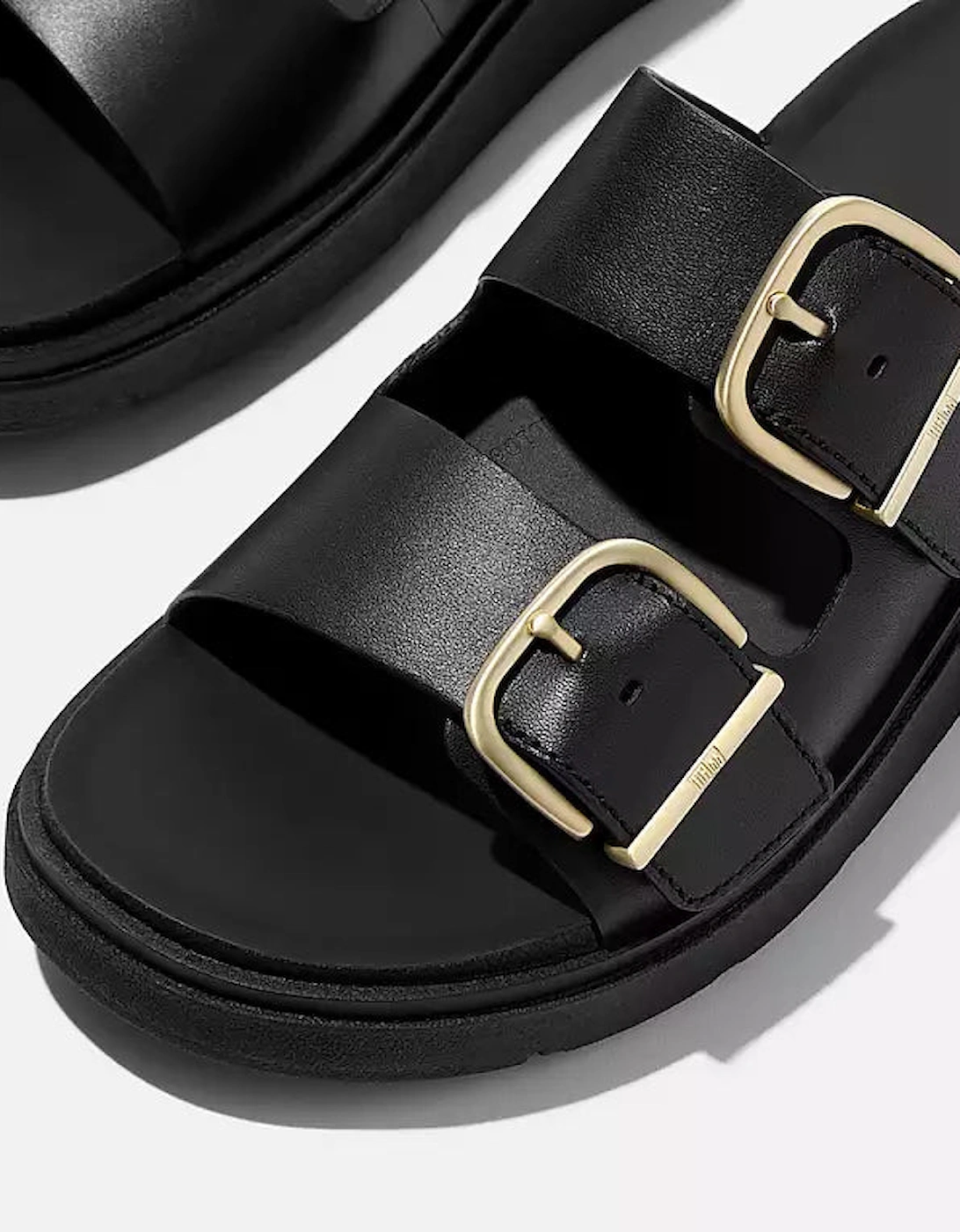 Womens GEN-FF Buckle Two-Bar Leather Slides - Black 001