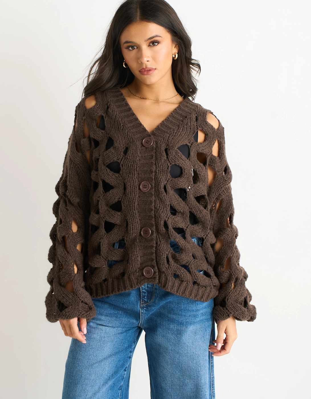 Gini London Women's Chocolate Hollow Chunky Knit Cardigan - Brown - Size: 12/14