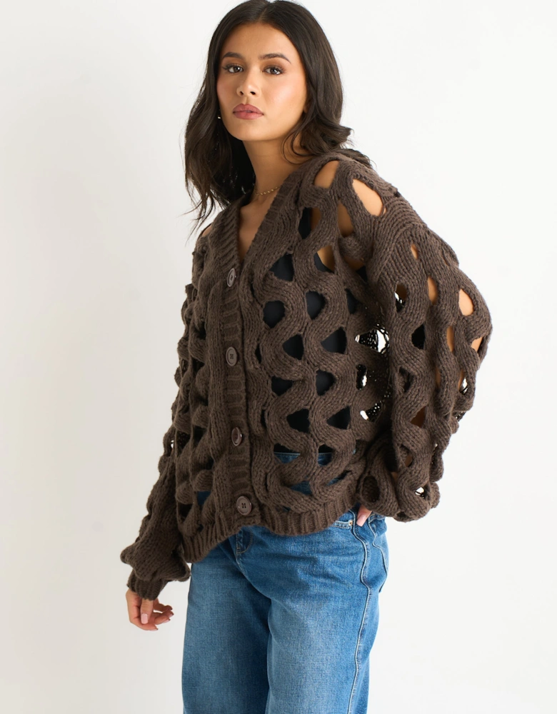 Chocolate Hollow Chunky Knit Cardigan
