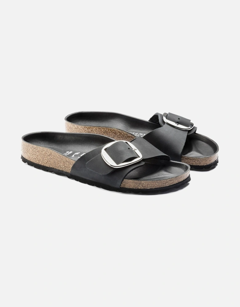 Big Buckle Oiled Leather Womens Sandals - Black