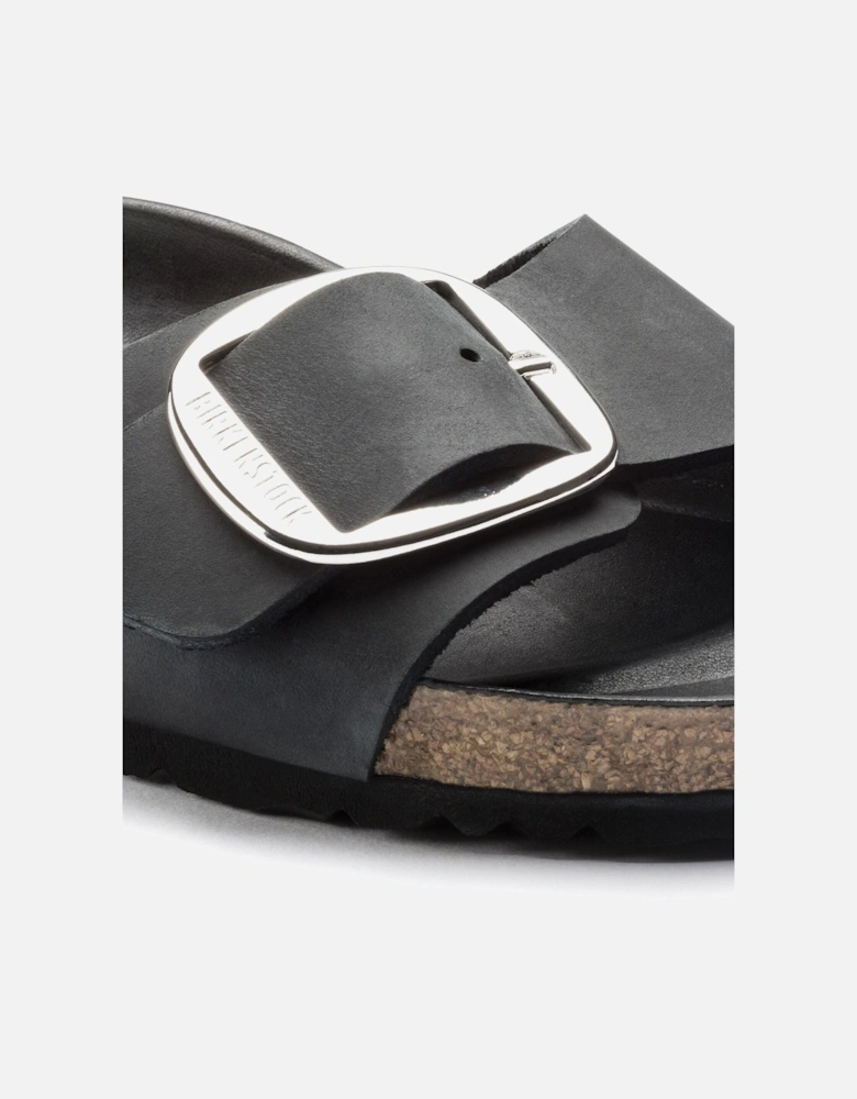 Big Buckle Oiled Leather Womens Sandals - Black