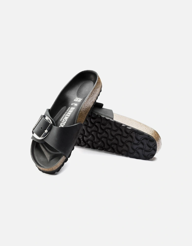 Big Buckle Oiled Leather Womens Sandals - Black