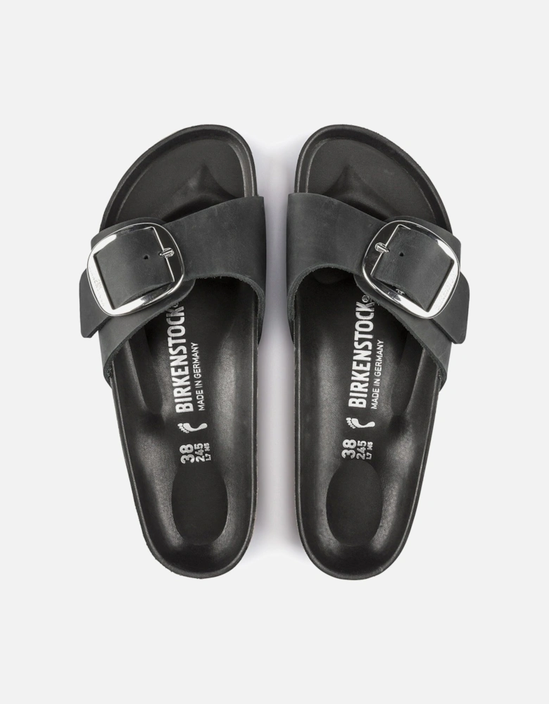 Big Buckle Oiled Leather Womens Sandals - Black