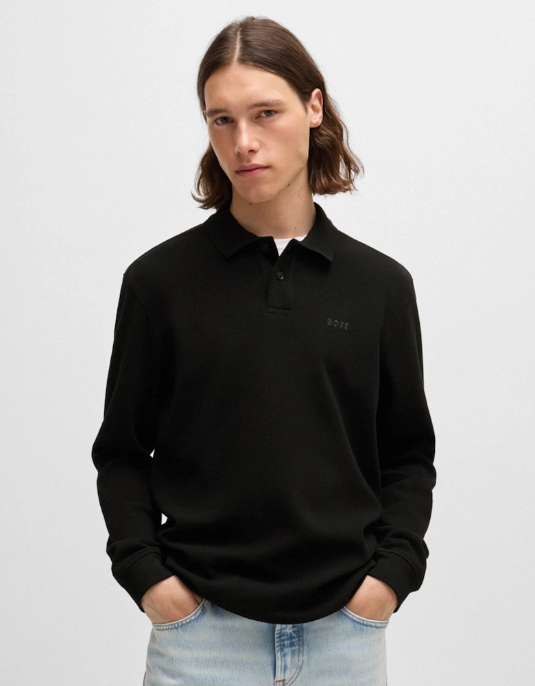 BOSS Orange Petempestolong Mens Cotton-Blend Polo Shirt with Waffle Structure - Black 001