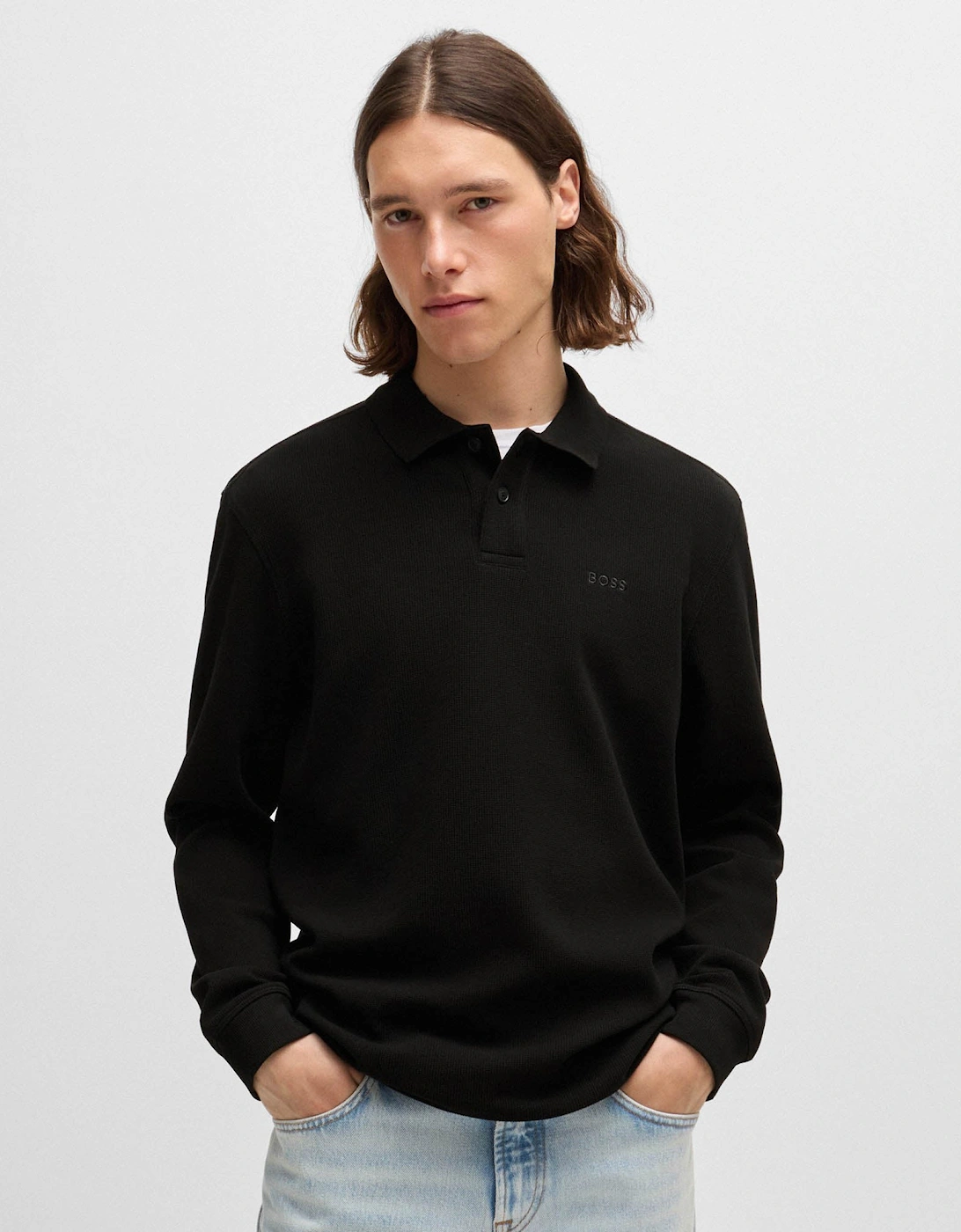 BOSS Orange Petempestolong Mens Cotton-Blend Polo Shirt with Waffle Structure - Black 001, 5 of 4