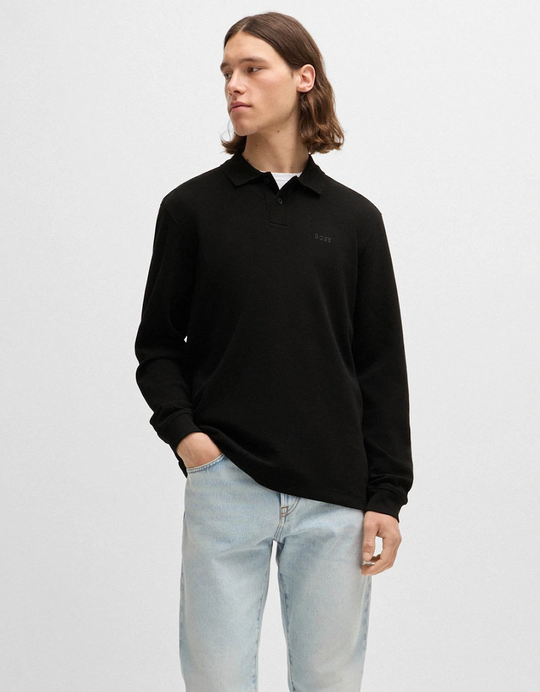 BOSS Orange Petempestolong Mens Cotton-Blend Polo Shirt with Waffle Structure - Black 001