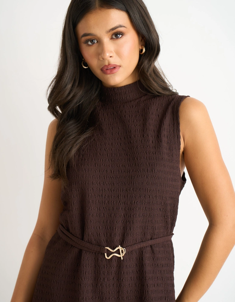 Chocolate Funnel Neck Textured Jersey Tabard Top