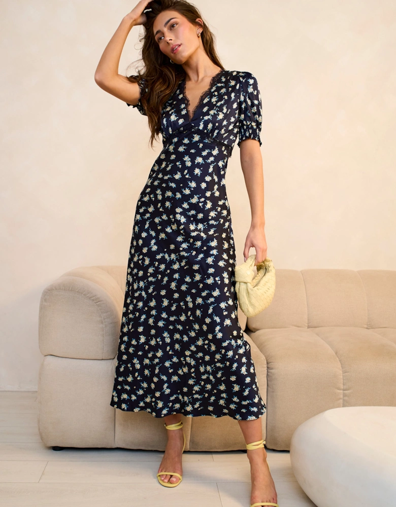 Navy Floral Lace Trim V Neck Midi Dress