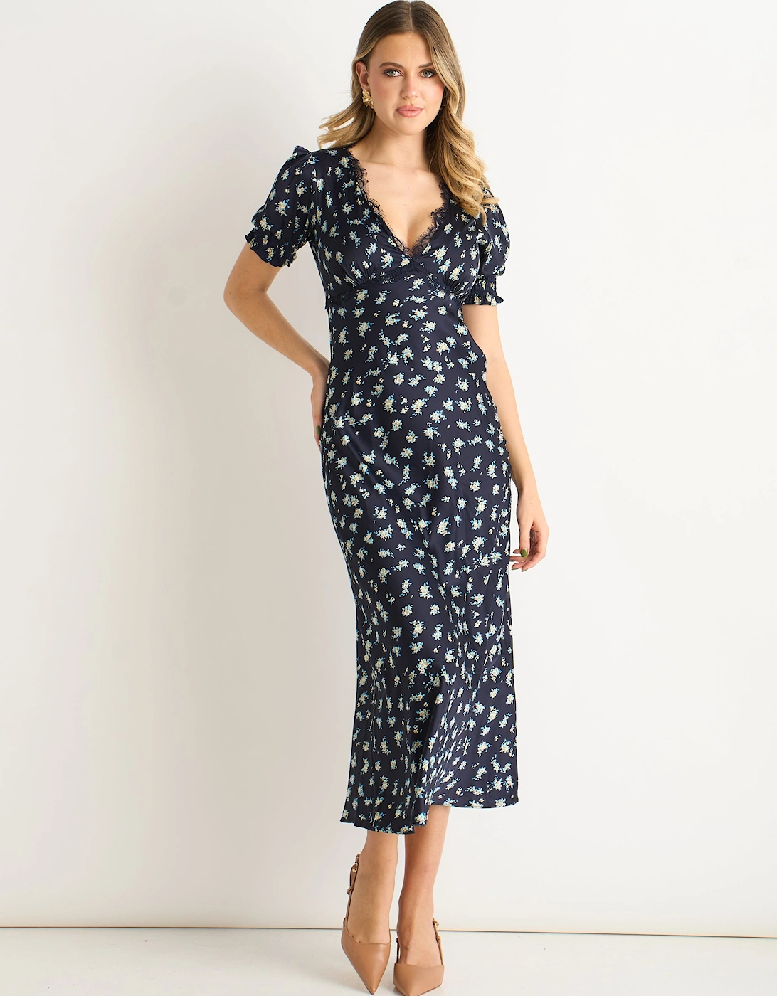 Navy Floral Lace Trim V Neck Midi Dress