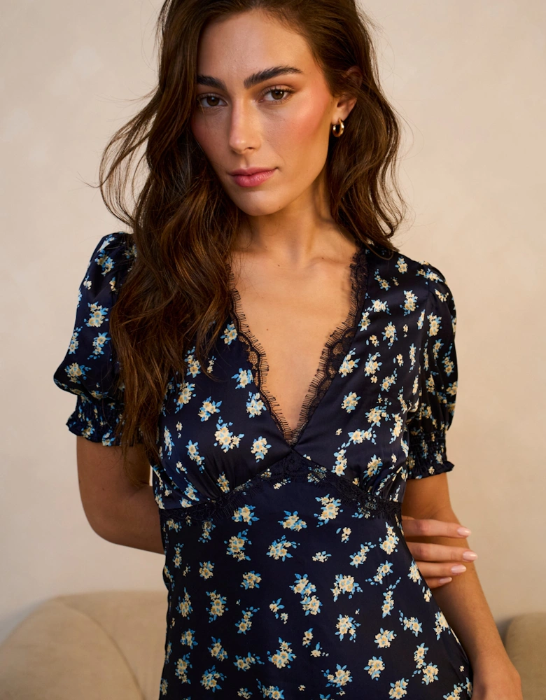 Navy Floral Lace Trim V Neck Midi Dress
