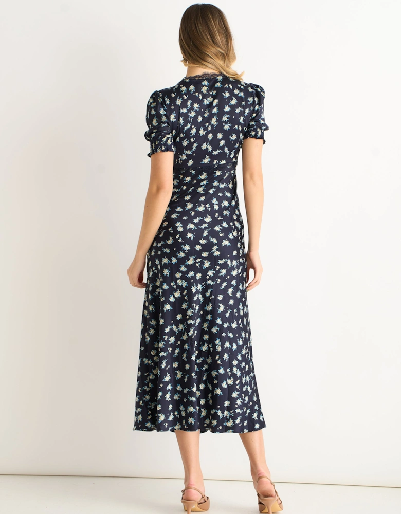 Navy Floral Lace Trim V Neck Midi Dress
