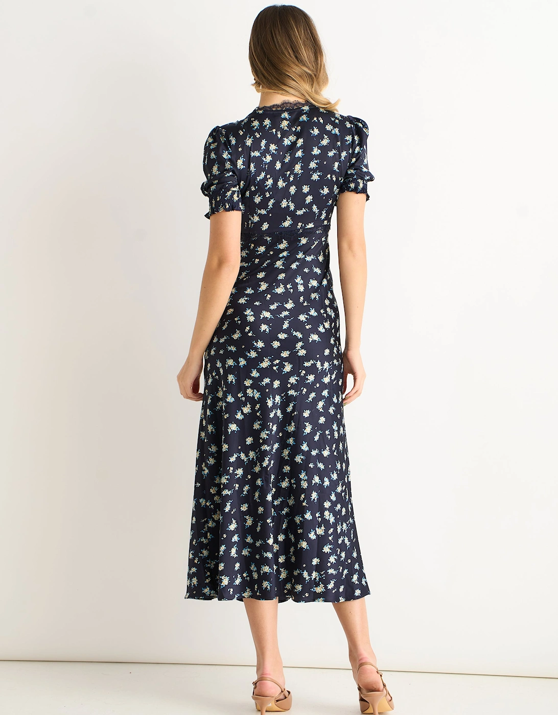 Navy Floral Lace Trim V Neck Midi Dress