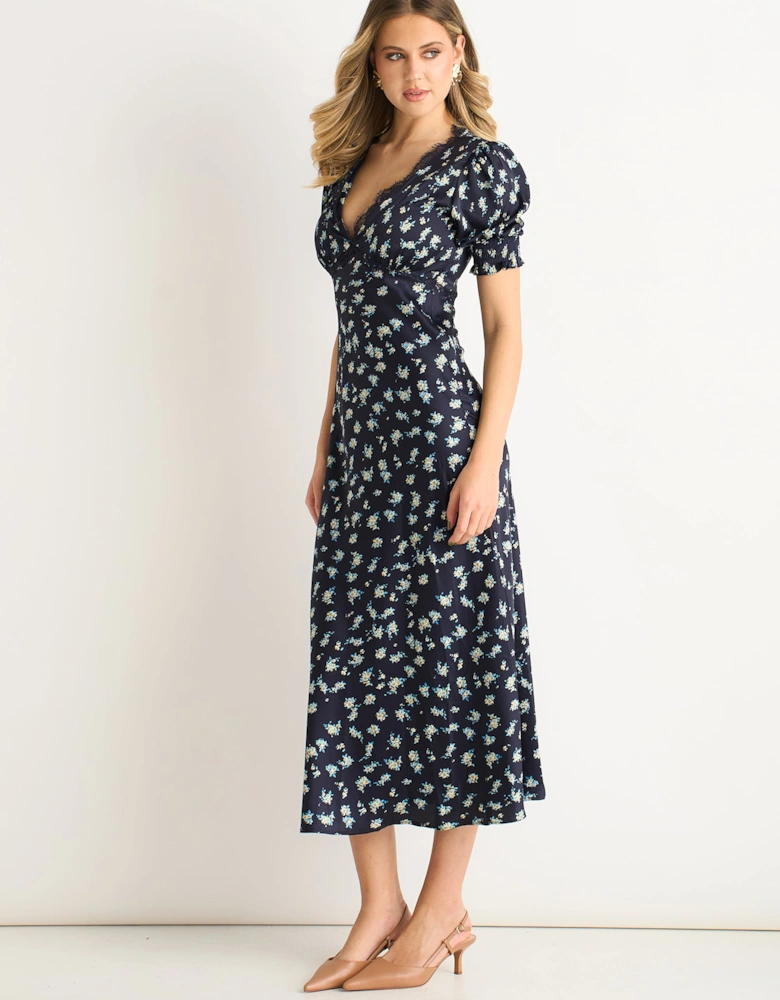 Navy Floral Lace Trim V Neck Midi Dress