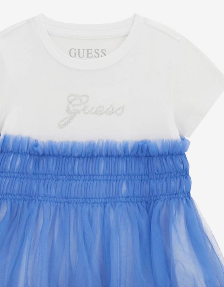 Girls Mixed Fabric Dress in Blue