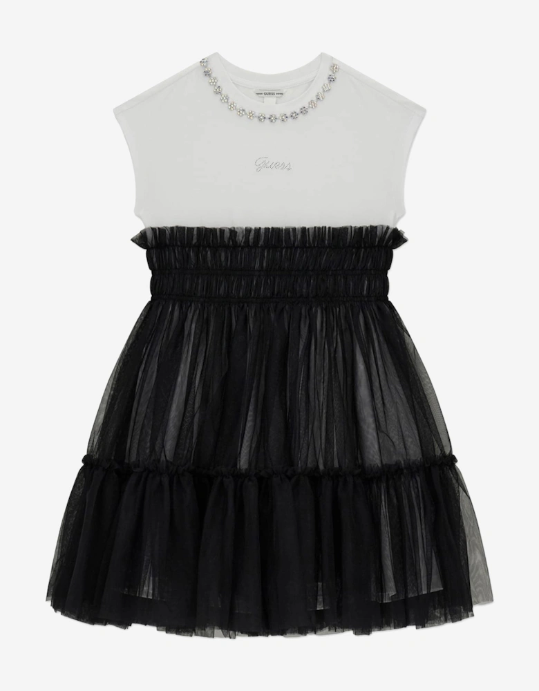 Girls Mixed Fabric Dress in Black