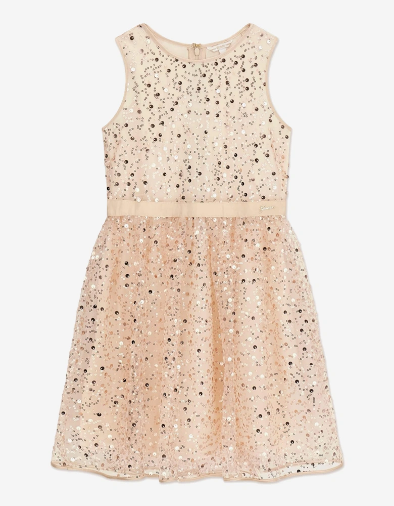 Girls Sleeveless Sequin Dress in Beige