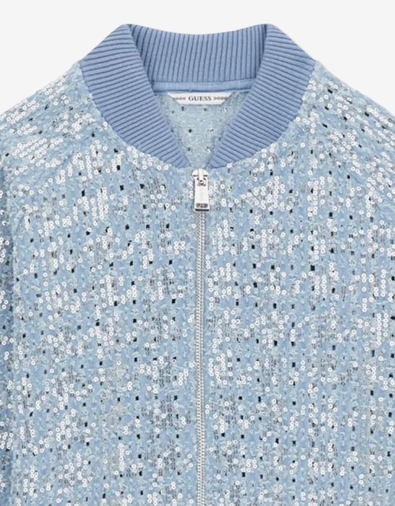 Girls Sequin Denim Bomber Jacket in Blue