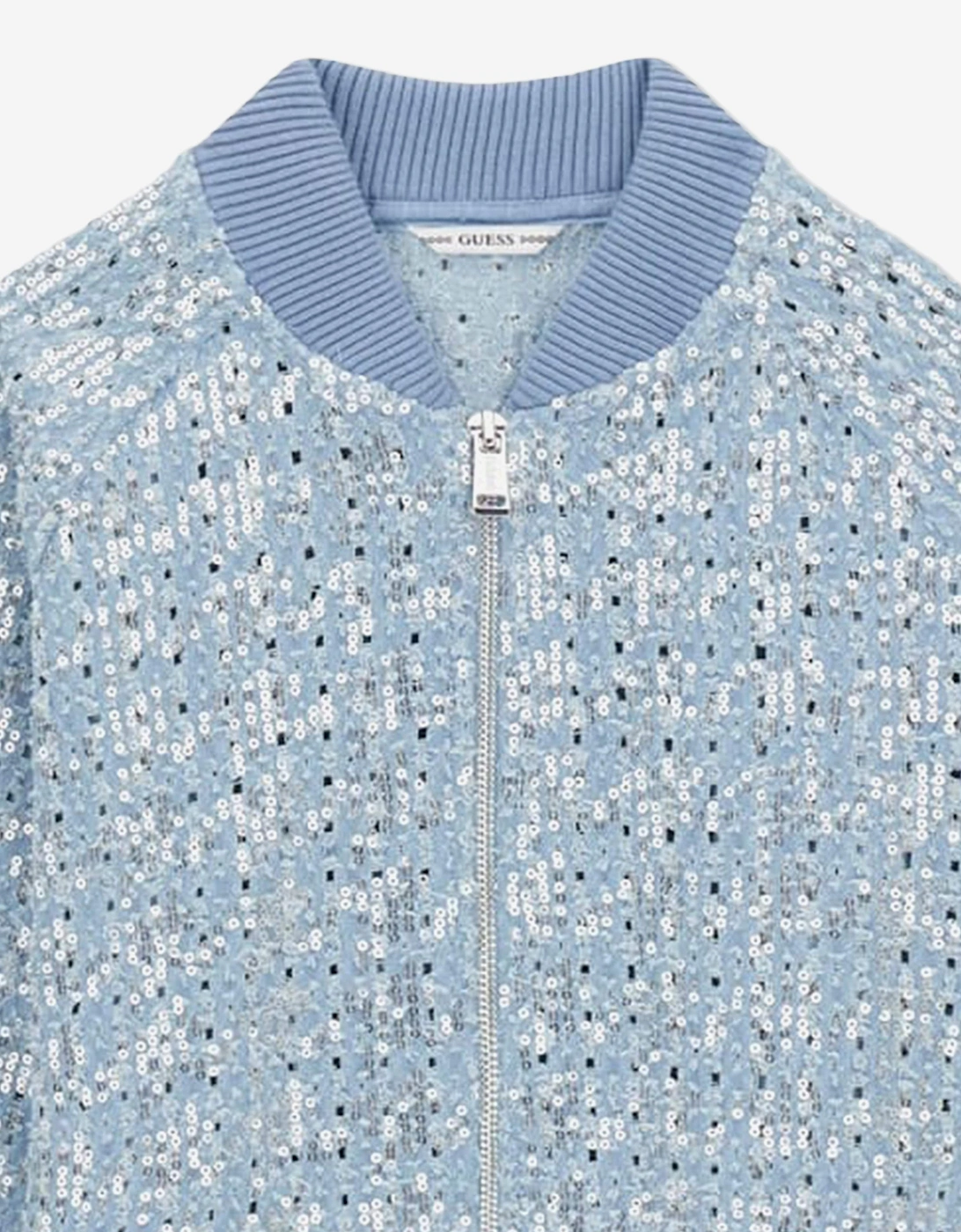 Girls Sequin Denim Bomber Jacket in Blue