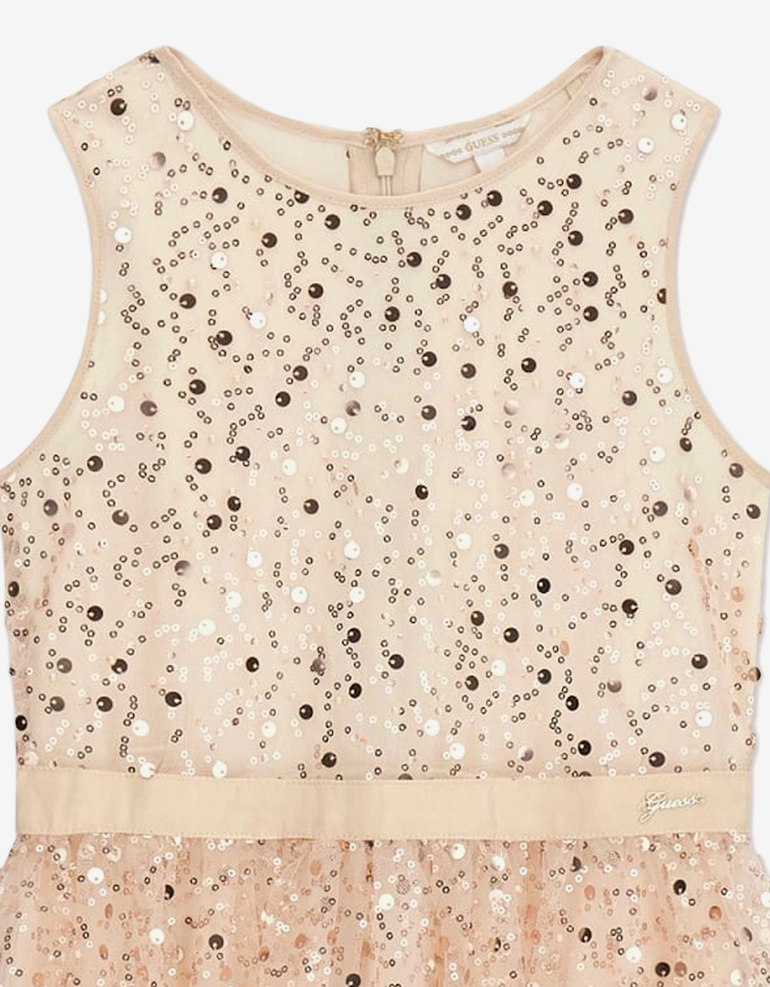 Girls Sleeveless Sequin Dress in Beige